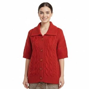 Chicos Cable Knit Button Front Cardigan Sweater Short Sleeve Rust Size 2‎